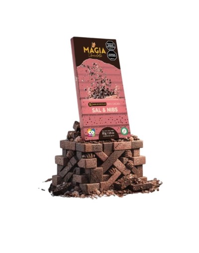 Barra de chocolatina dulce con sal marina y nibs 