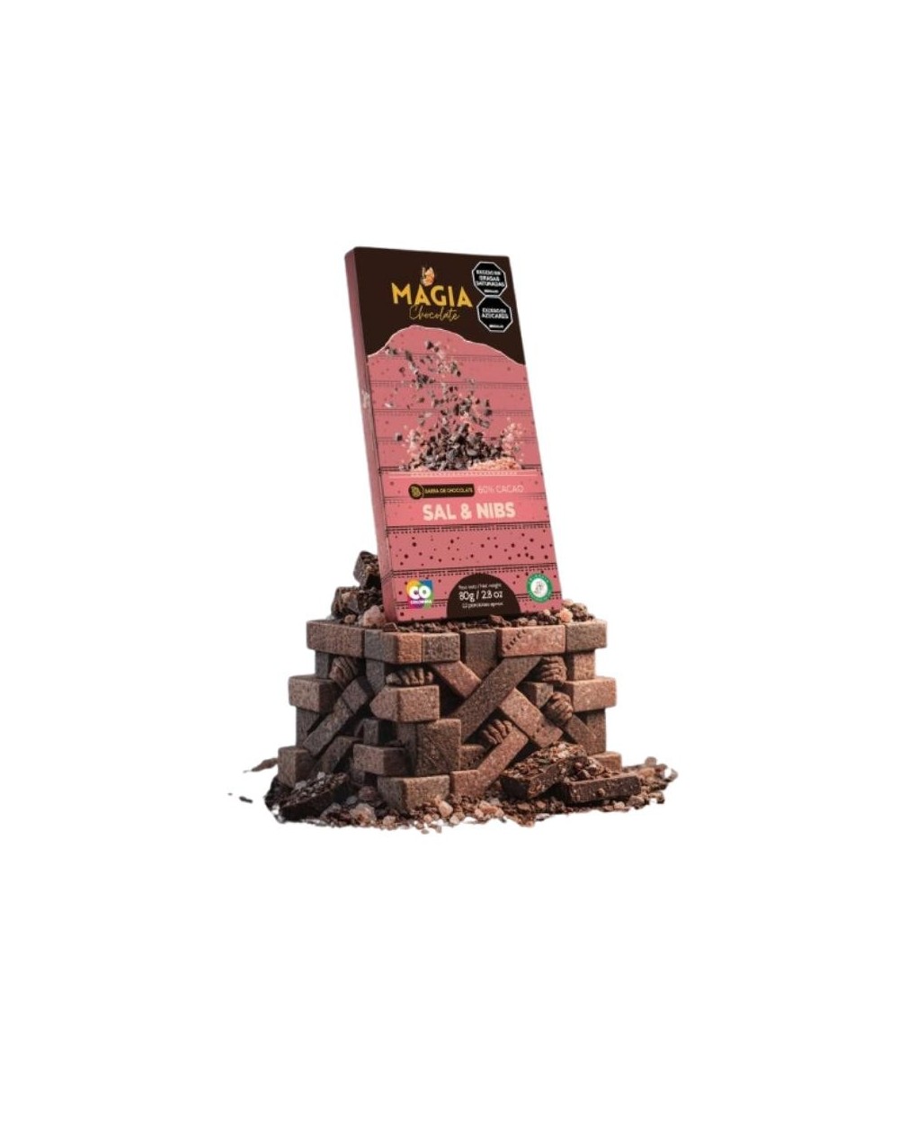 Barra de chocolatina dulce con sal marina y nibs 