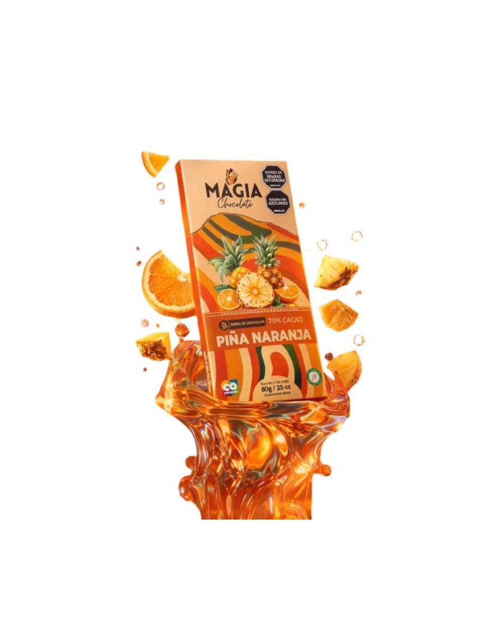 Barra de chocolate 70% cacao con piña y naranja
