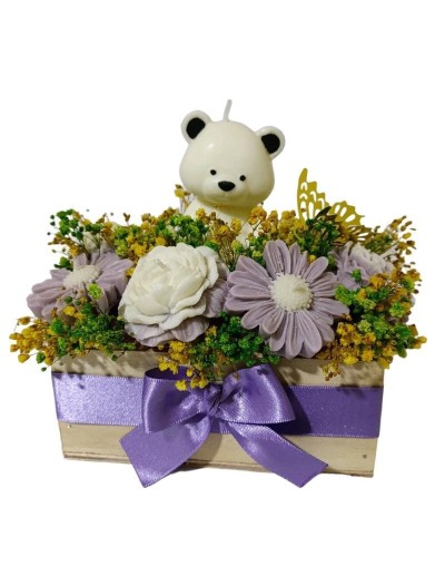 Bouquet Velas Oso Sentado Caja de Madera