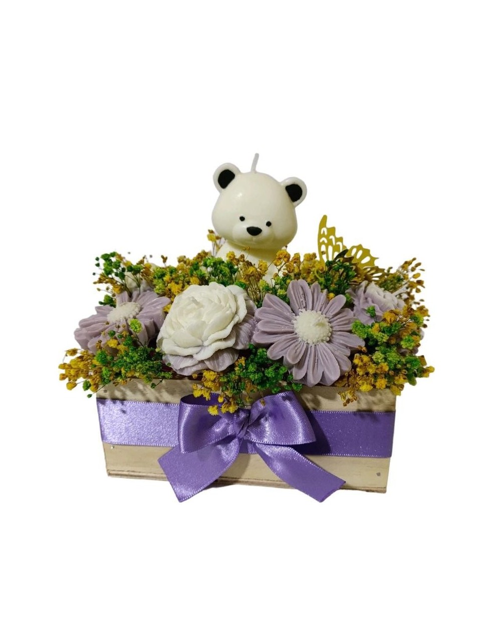 Bouquet Velas Oso Sentado Caja de Madera