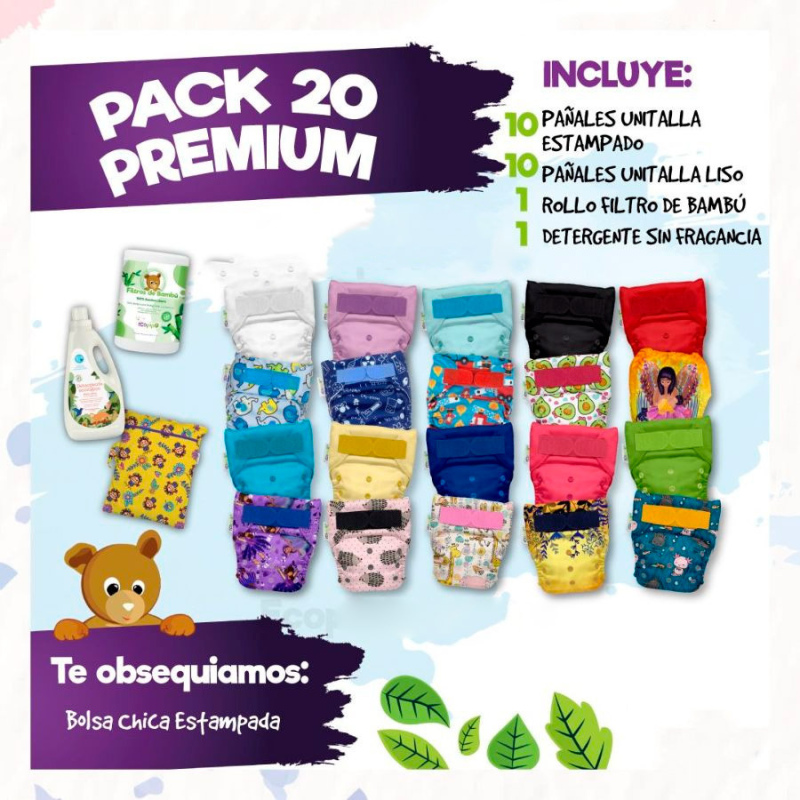 Pack 20 premium pañales de tela (ecológicos ecopipo)