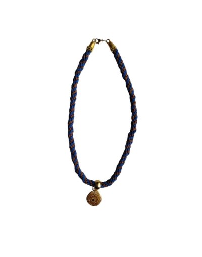 Collar Kumihimo en cuero gamuzado azul y café 