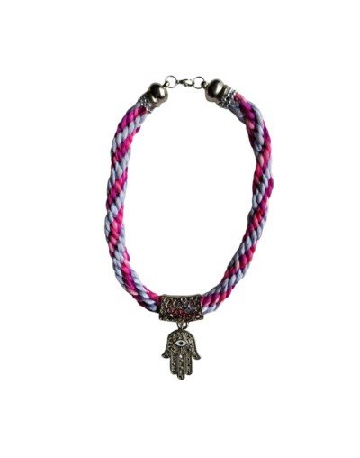 Collar Kumihimo en hilo seda fucsia, rosado y plateado 
