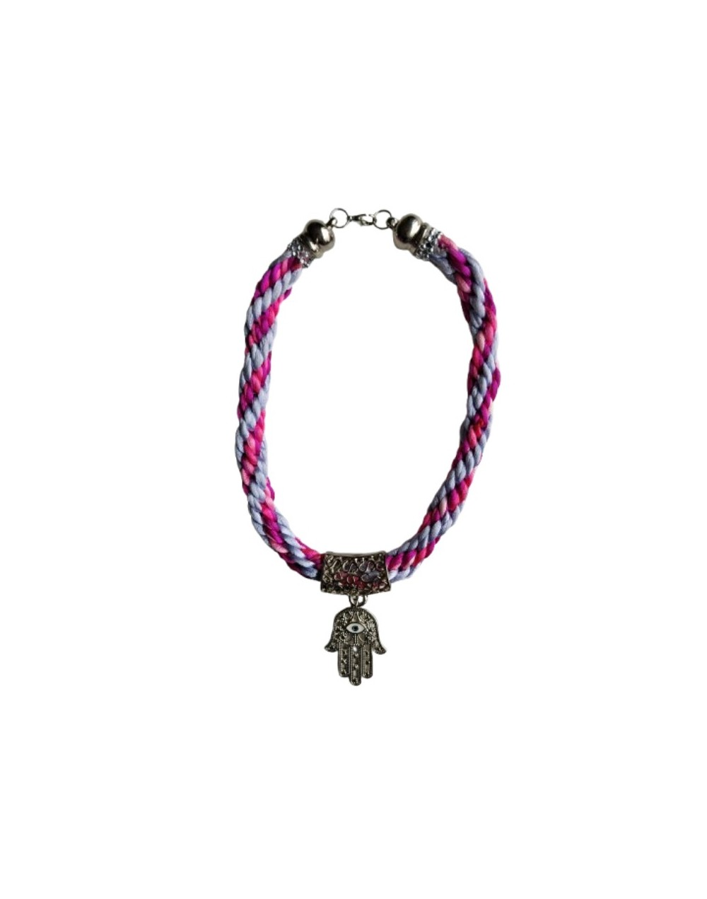 Collar Kumihimo en hilo seda fucsia, rosado y plateado 