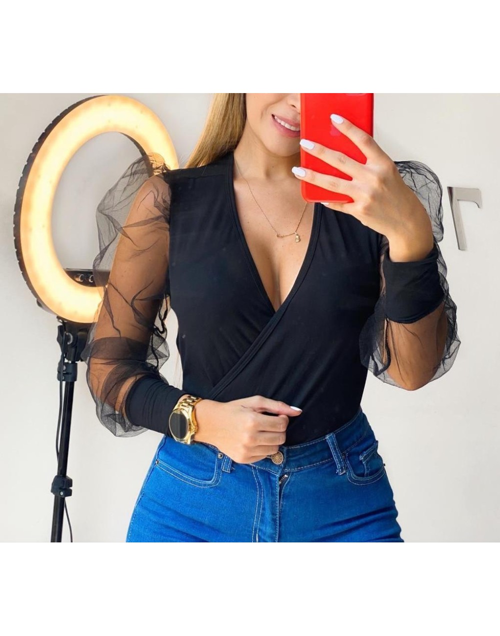 Blusa body manga ancha en velo
