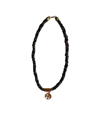 Collar Kumihimo en cuero gamuzado café don dorado 