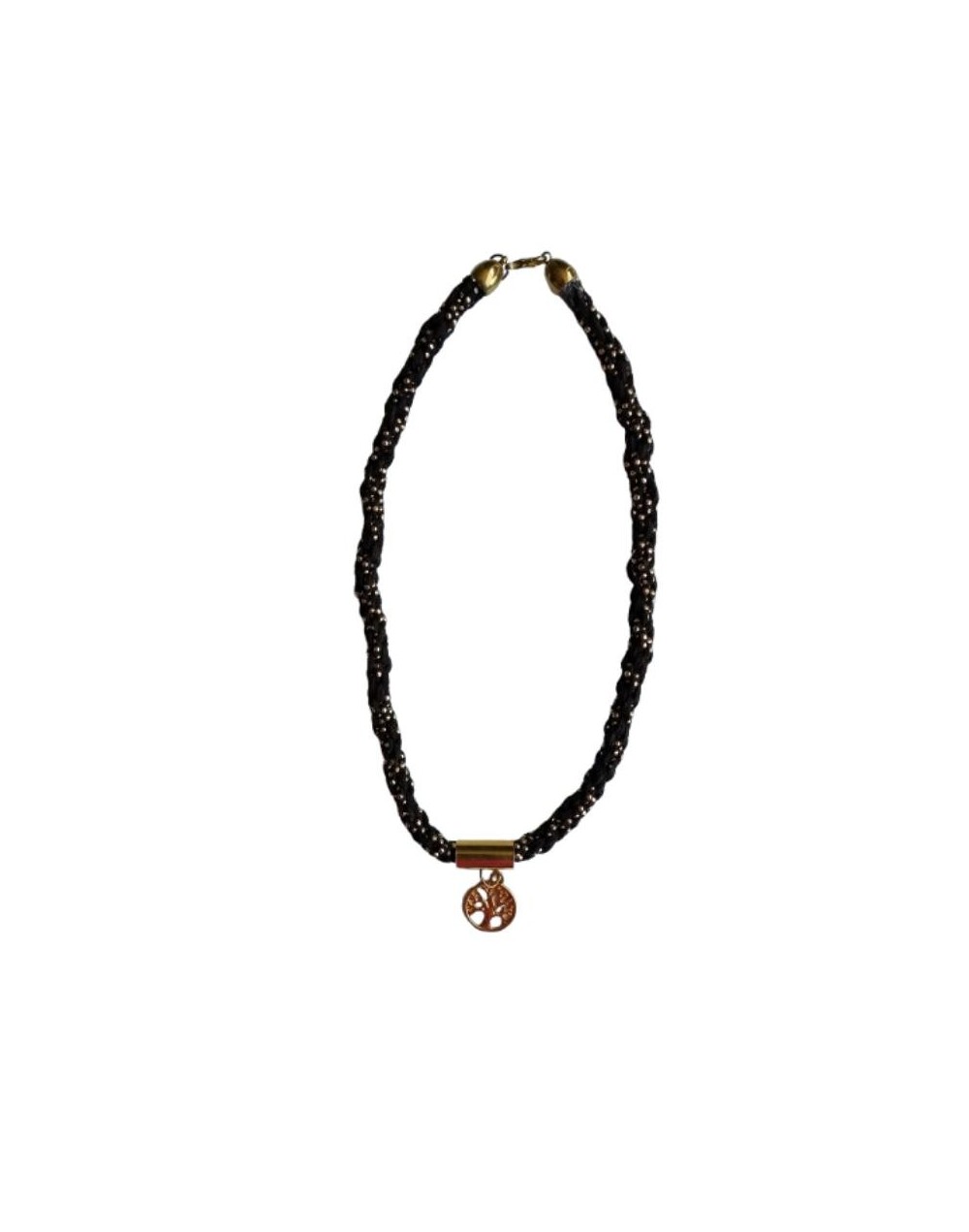 Collar Kumihimo en cuero gamuzado café don dorado 