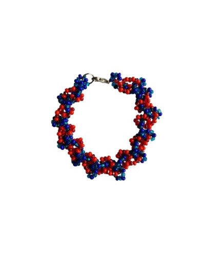 Pulsera de Mostacillas Azules y Rojas en Macramé 