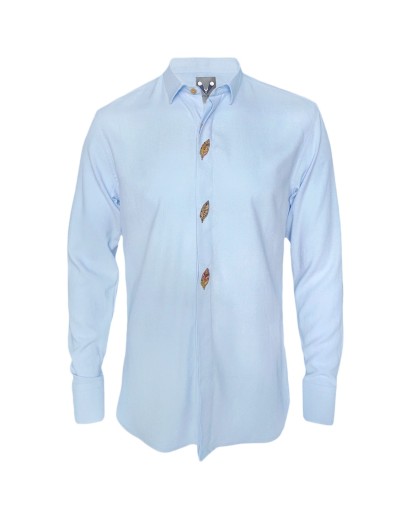 Camisa botonadura escondida azul en 100% lino ocasión manga larga slim hombre