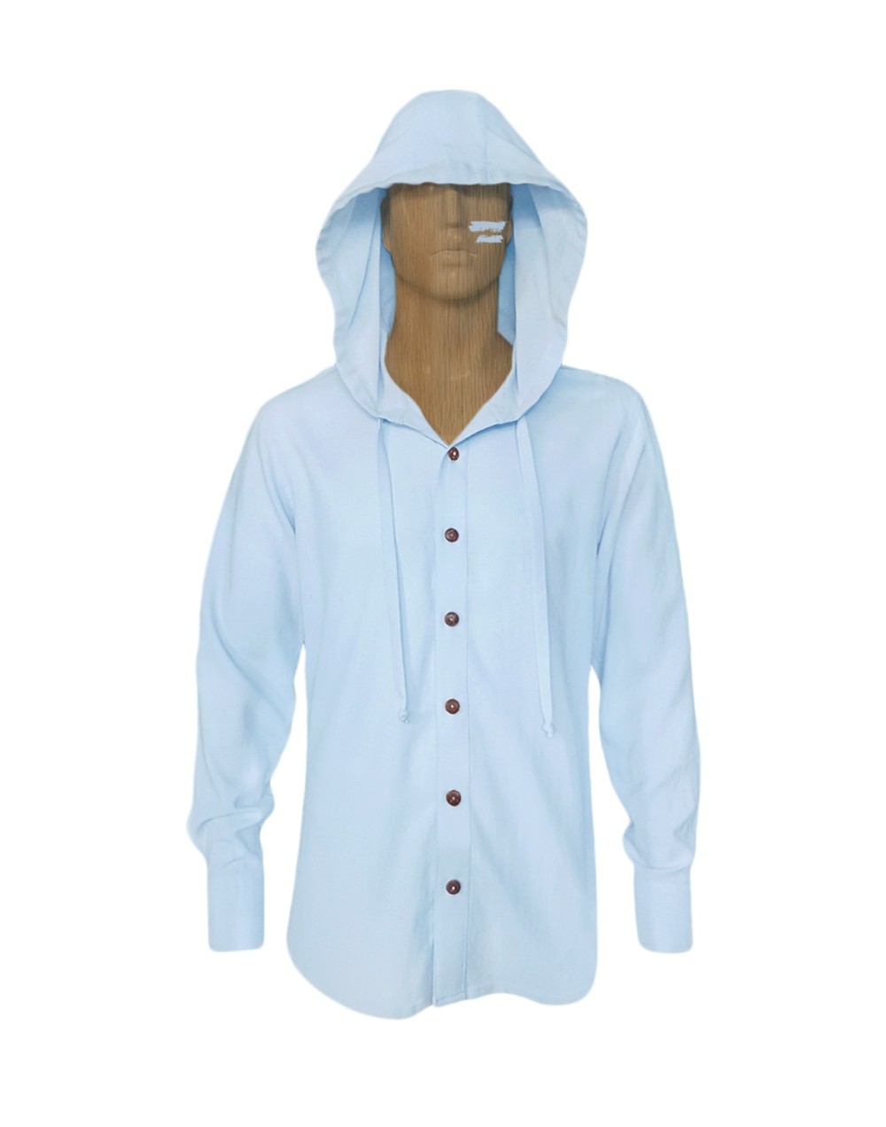 Camisa azul con capota amplia en 100% lino trabilla en manga larga hombre