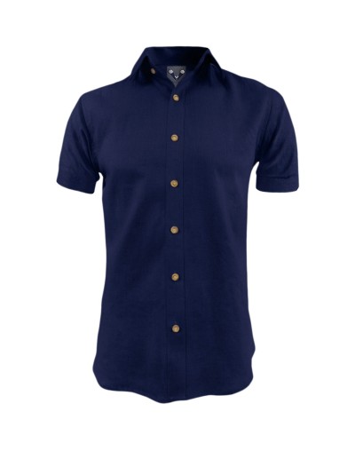 Camisa lino azul oscuro slim fit manga corta para hombre