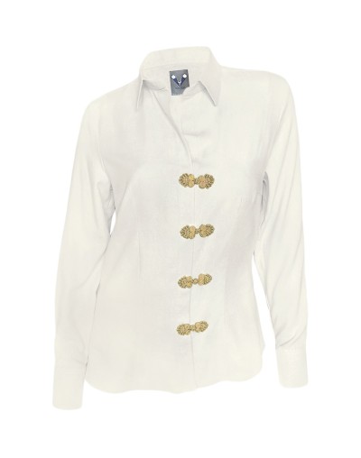 Camisa blusa botones artesanales color marfil en 100% lino entallada oficina mujer