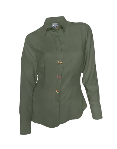 Camisa blusa verde hoja en 100% lino con botonadura escondida entallada manga larga mujer