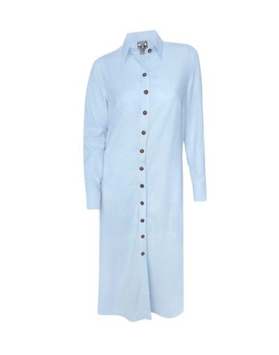Vestido largo blusón azul claro en 100% lino manga larga mujer