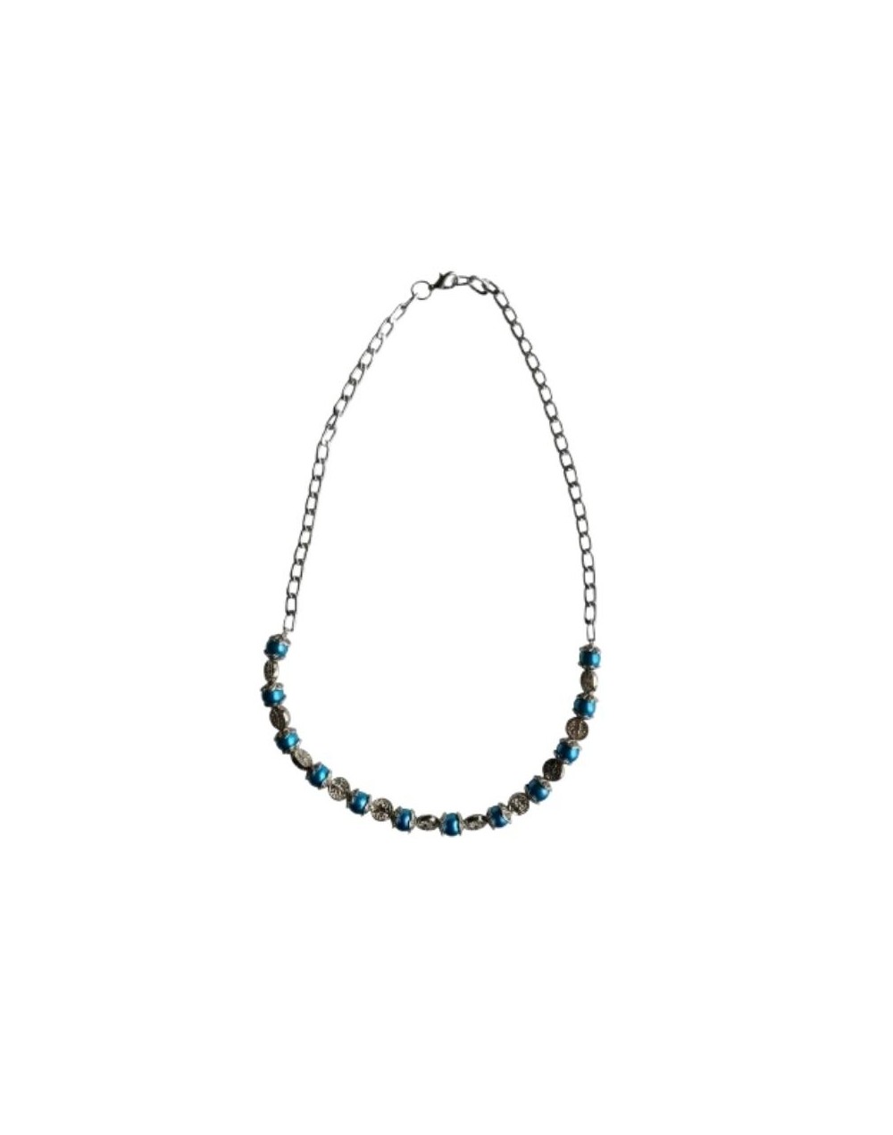 Collar de Perlas Azules En Cadena Plateada