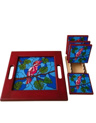 🦜🎨 Bandeja con Portavasos en Imitación Vitral – Arte Funcional para tu Mesa