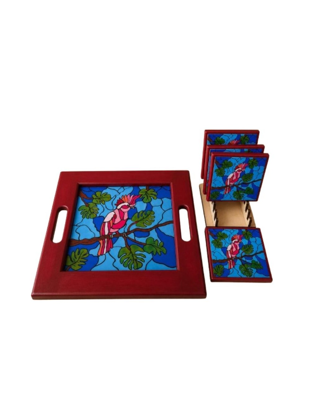 🦜🎨 Bandeja con Portavasos en Imitación Vitral – Arte Funcional para tu Mesa