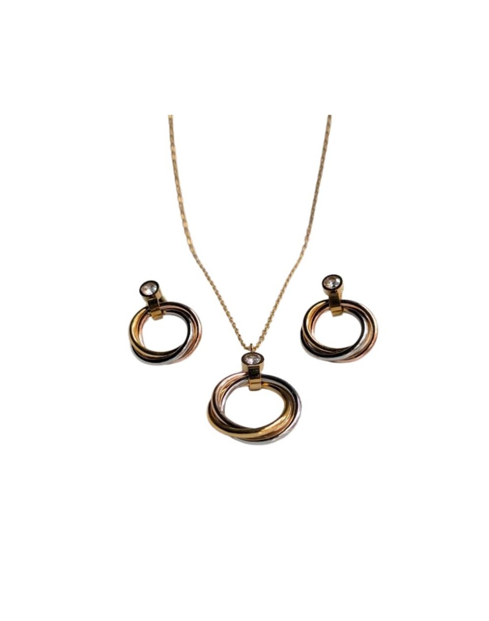 Conjunto (cadena, dije y aretes) circulos en tres tonos.