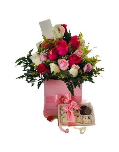 Arreglo de rosas premium grande con chocolates artesanales de frutos secos