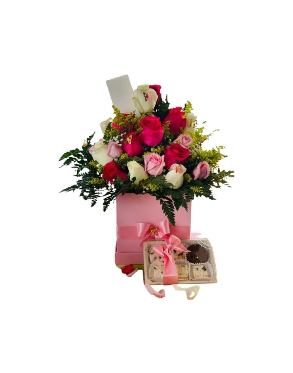 Arreglo de rosas premium grande con chocolates artesanales de frutos secos