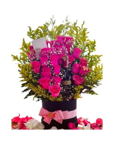 Arreglo de rosas premium grande con Vino medalla real de santa rita
