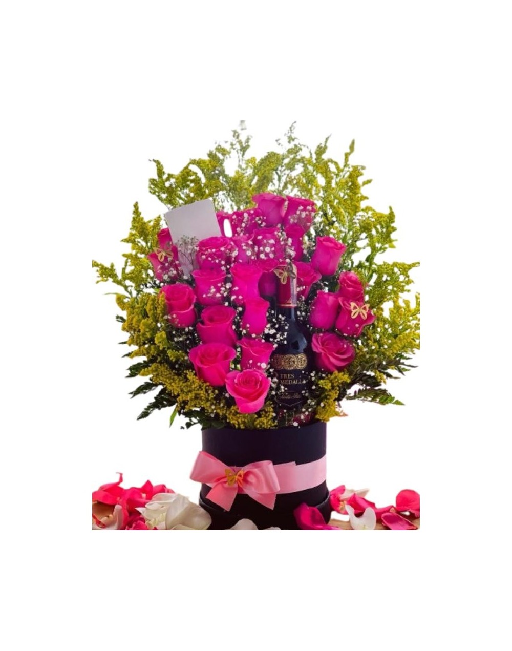 Arreglo de rosas premium grande con Vino medalla real de santa rita