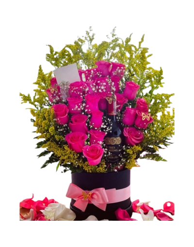 Arreglo de rosas premium grande con Vino medalla real de santa rita