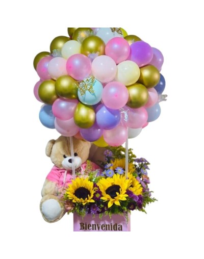 🎈🌸🧸 Ancheta Premium Tipo Globo Aerostático Gigante y flores