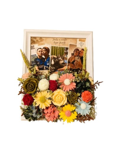 Cuadro porta retrato personalizado grande con flores en cera de soja 