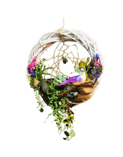 Atrapasueños composición natural de suculentas y decoración con pájaros tipo jardín 