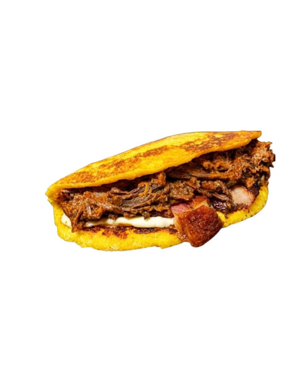 Arepa cachapa venezolana con Carne Desmechada y Chicharron