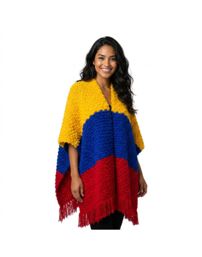 Poncho Tricolor Artesanal para Mujer | Tejido Colombiano | Tejidos Alcor