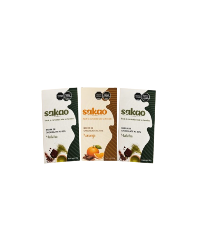 Pack 3 Barras de Chocolate Sakao — 2 sabor único Matcha y Vainilla y 1 sabor Naranja