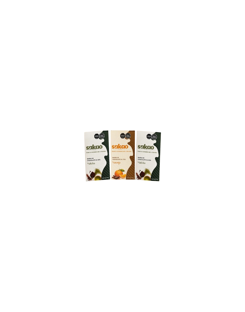 Pack 3 Barras de Chocolate Sakao — 2 sabor único Matcha y Vainilla y 1 sabor Naranja