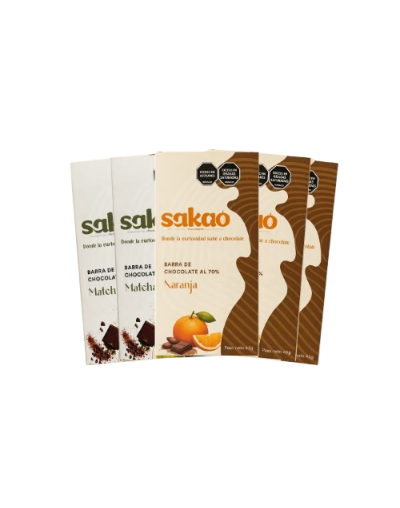 Pack 5 Barras de Chocolate Sakao — 3 sabor Naranja y 2 sabor Matcha y Vainilla