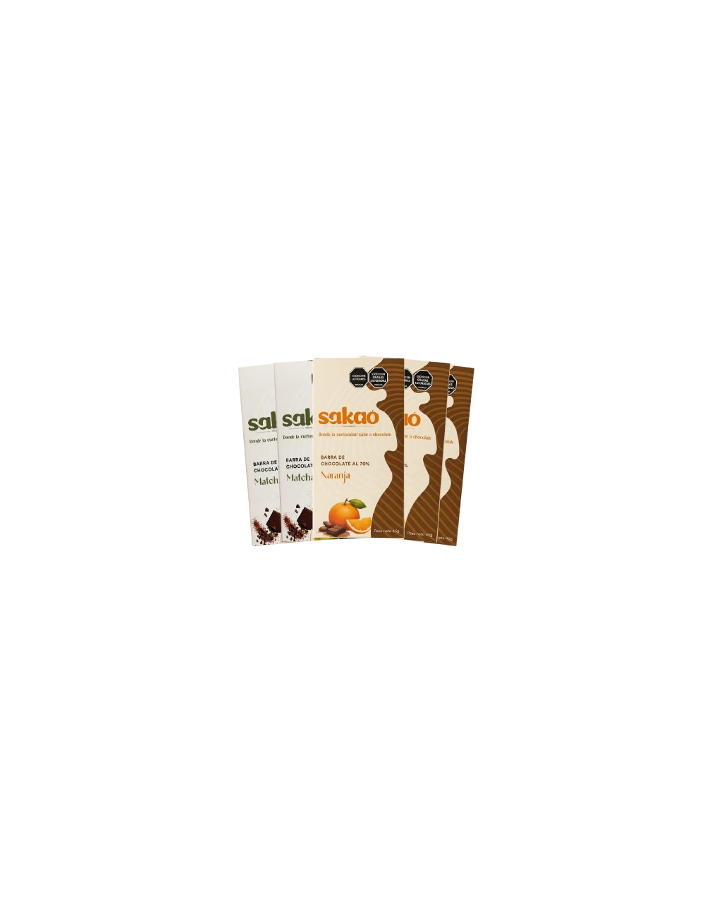 Pack 5 Barras de Chocolate Sakao — 3 sabor Naranja y 2 sabor Matcha y Vainilla