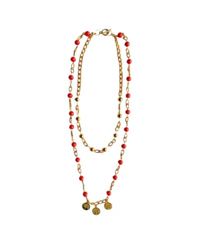Collar largo Doble en Cadena de Aluminio Dorada y Perlas Rojas 