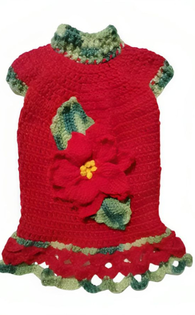 Vestido navidad rojo con flor para perritas tejido a mano