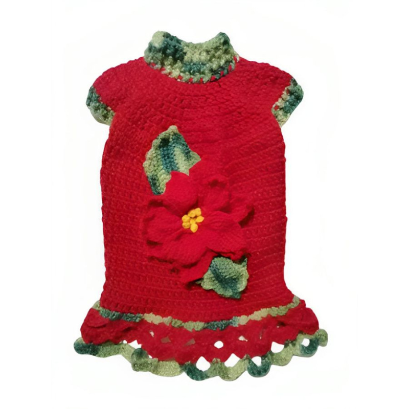 Vestido navidad rojo con flor para perritas tejido a mano