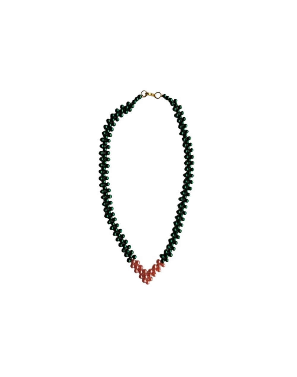 Collar De Perlas Sintéticas En V Verde Esmeralda y Salmón 
