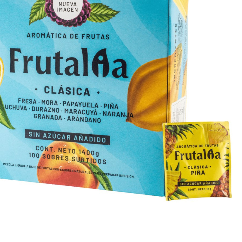 Caja de aromática de fruta concentrada marca frutalia clásica x 100 sobres