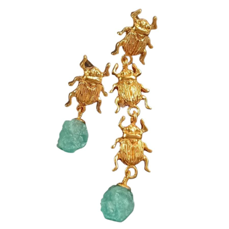 Aretes dorados escarabajo titán esmeraldas