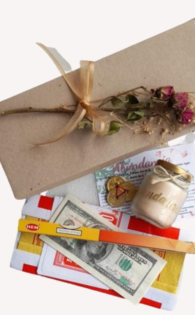 Kit de abundancia con vela, tarjeta de meditación, juego papel oriental, incienso y trío de monedas
