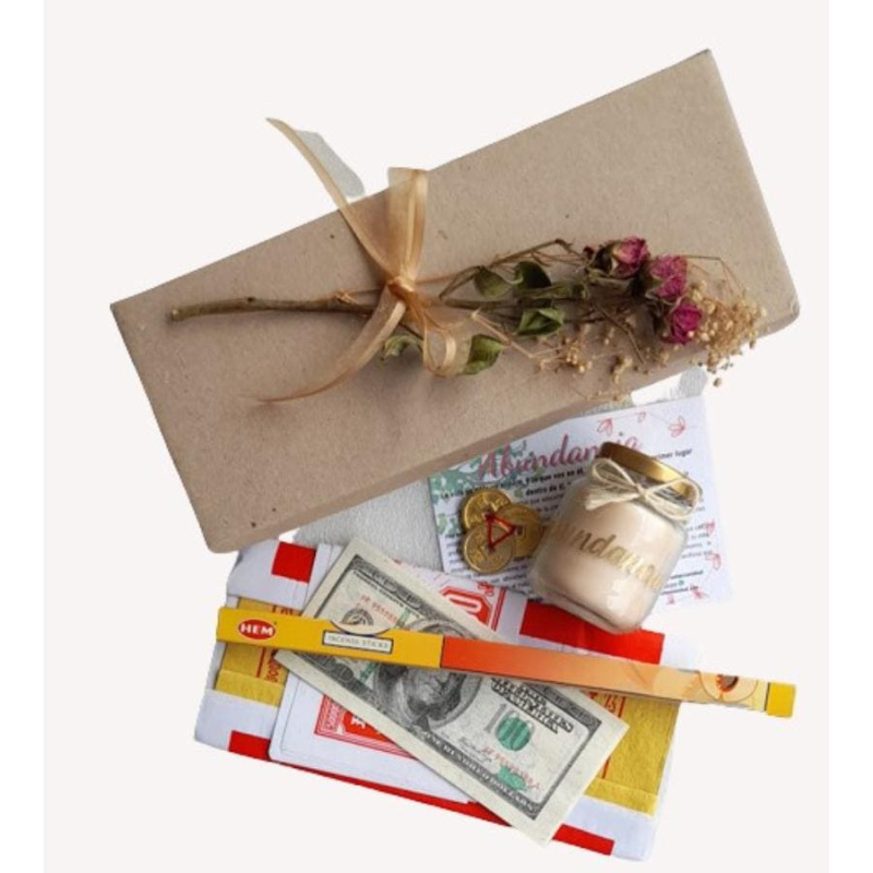 Kit de abundancia con vela, tarjeta de meditación, juego papel oriental, incienso y trío de monedas