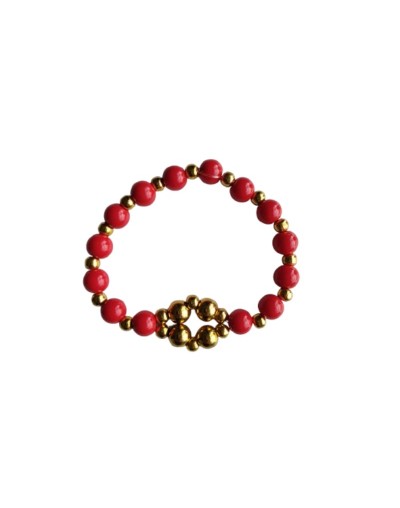Pulsera Elástica Perlas Rojas y Balines Dorados 
