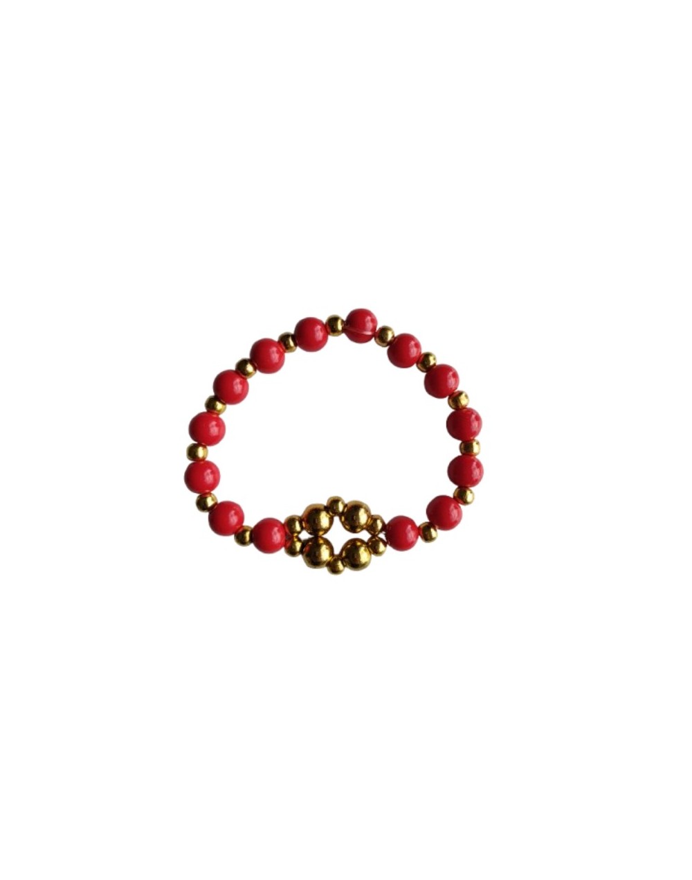 Pulsera Elástica Perlas Rojas y Balines Dorados 