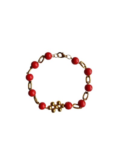 Pulsera Perlas Rojas En Cadena Dorada
