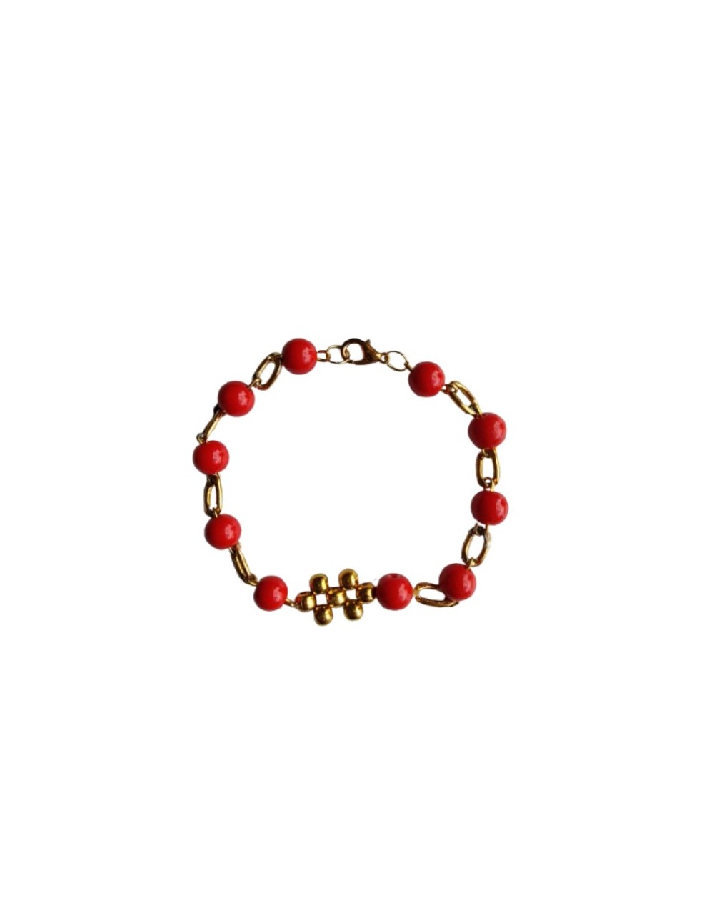 Pulsera Perlas Rojas En Cadena Dorada