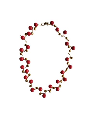 Collar Perlas Rojas, Alfileres y Balines Dorados 